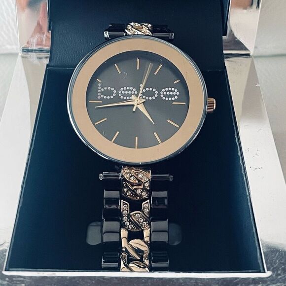 NWT w Box Gorgeous Bebé Bling Quartz Black/Gold Tone Metal Strap Bracelet Watch main image 5